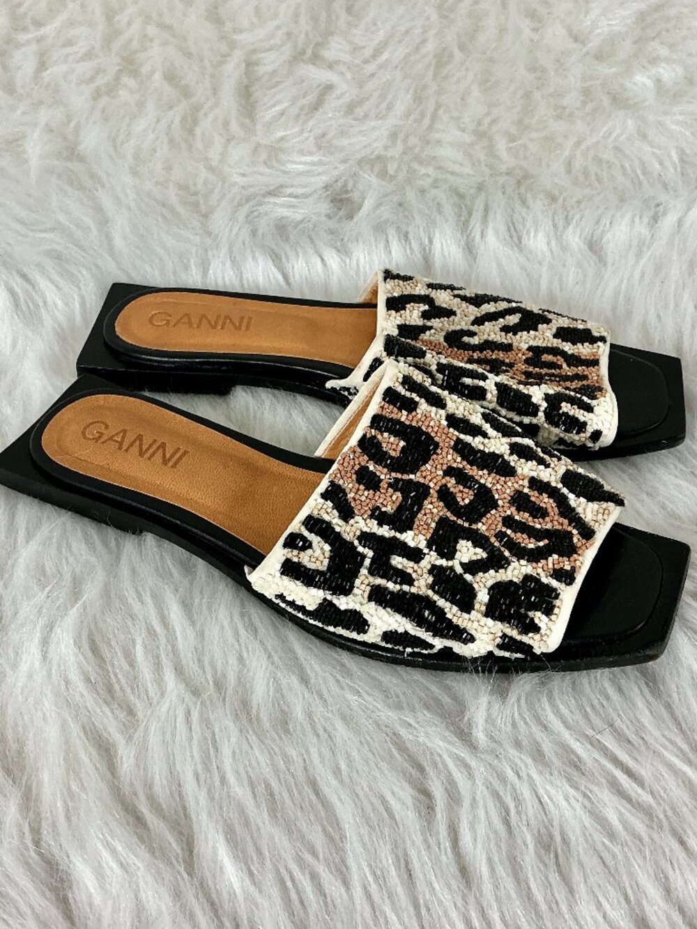 Ganni Square Toe Black Brown Tan Leopard Beaded Sandals Slides EU 37 US 7
